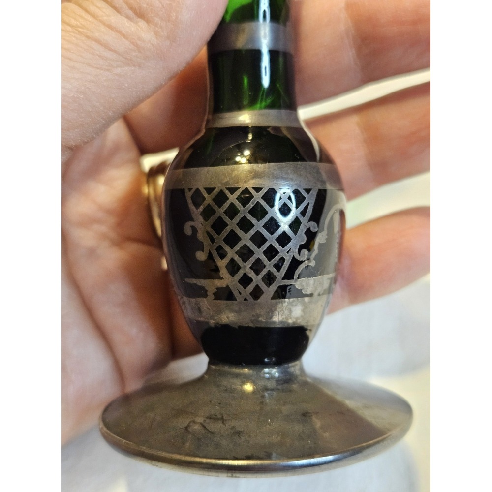 Bohemian Emerald Green Glass Silver Overlay Bud or Weed Vase - Beautiful - Picture 8 of 16